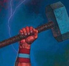 Red superhero arm holding a blue sledgehammer